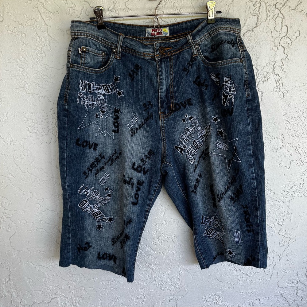Vtg Moto Blues Denim Capris Women’s 16 Stretch Cut Offs Skater Y2K Embroidered